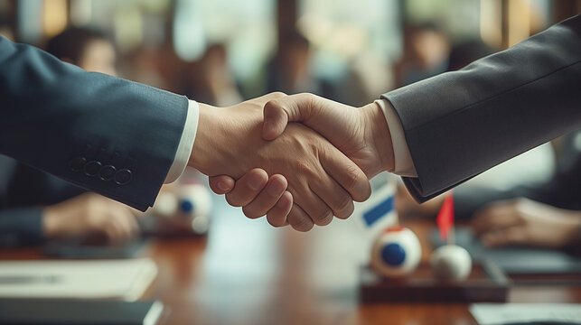 Two business professionals engage in a handshake, symbolizing a successful partnership during a corporate meeting.