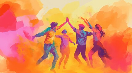 happy hindu indian people celebrate holi festival by throwing colorful powder at each other, generative AI illustration