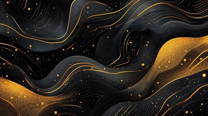 Obraz premium Luxury grain noise texture with an abstract golden flow wave on a black background. illustration