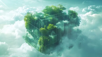 Cutting-edge progress in digital cube architecture: merging technology and information, cloud insights with connectivity design, green computing, and ethical IT sustainability. illustration
