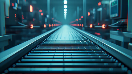 Fototapeta premium A futuristic conveyor belt stretches into the distance, illuminated by blue and red lights in a high-tech environment, suggesting advanced technology at work.