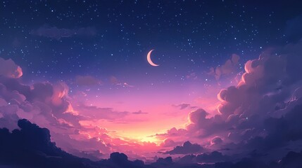 A starry night sky with a crescent moon and clouds. illustration