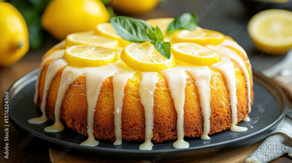 Poster Zesty lemon cake with icing drizzle. 