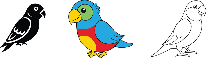 Colorful Parrot, Black Bird, Outline Parrot, Bird Illustrations