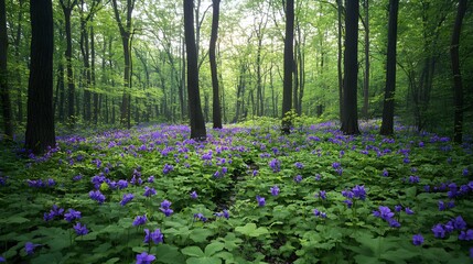 A vivid group of bright purple violets blooming against a verdant green background with radiant tones