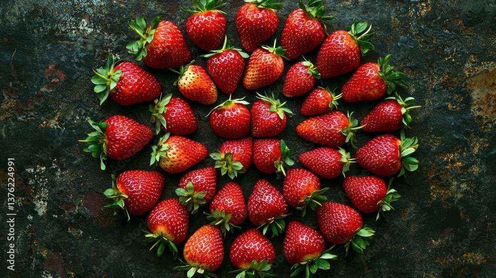 Poster A balanced layout of strawberries arranged in a circle, shot from above with no extreme 