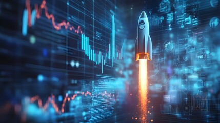 A rocket flying upwards with business graphs and coins symbolizing financial growth and investment success