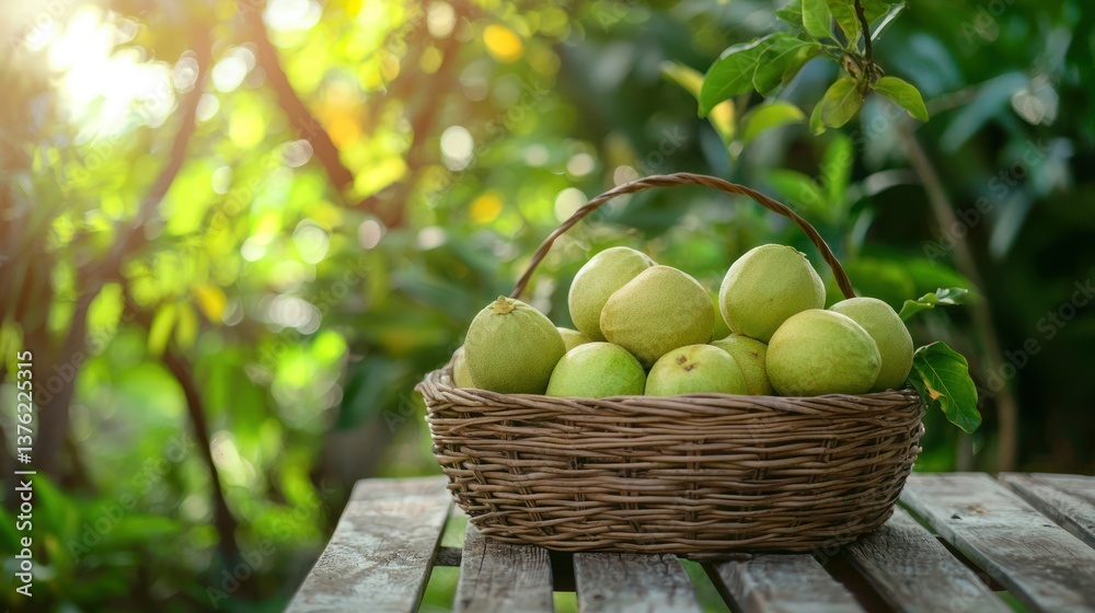 Poster a basket of guava fruits placed on a picnic table surrounded by lush greenery.
