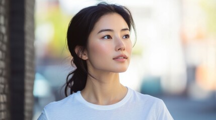 Young woman walking in urban setting on a sunny day with a natural, thoughtful expression