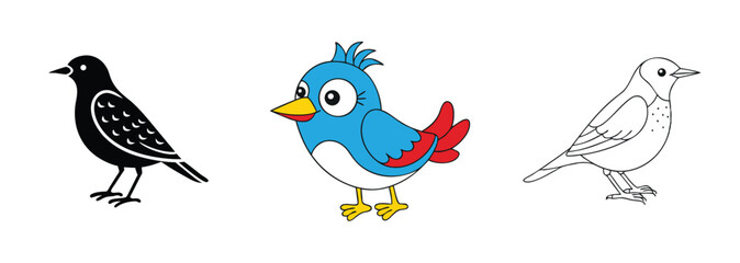 Obraz premium Three Bird Illustrations Black, Blue, and Outline Designs