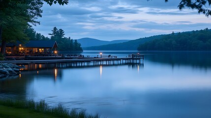 Fototapeta premium A picturesque lakeside setting with a wooden pier reaching into tranquil water with golden sunset tones