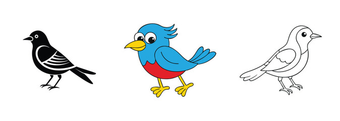 Three Bird Illustrations Black, Blue, and Outline Drawings