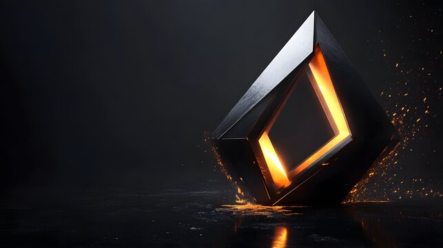 A refined 3D rendering with glowing triangular shapes in a sleek layout with luminous reflections