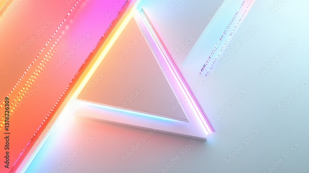 Poster minimalist tech background with extruded triangle and rainbow illuminated edge. white surface with e