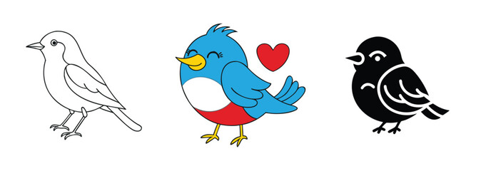 Cute Cartoon Birds Outline, Color, Silhouette, Love Heart