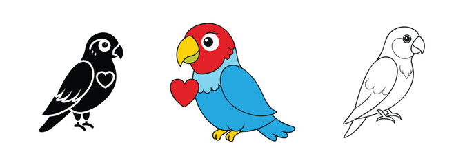 Adorable Lovebird Illustrations Black, Color, Outline Parrot Designs