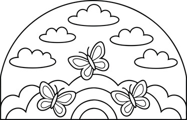 Fototapeta premium Outline Butterflies Flying above Clouds and Rainbow on Transparent Background