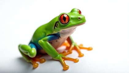 Obraz premium Green tree frog, perched on white, vibrant color , white, tree frog, jump