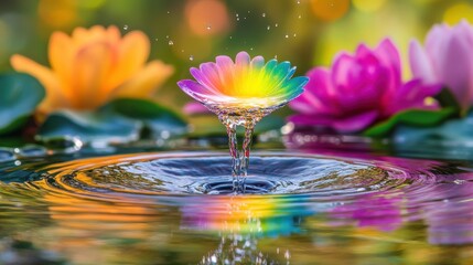 Rainbow water droplet splashes into a pond, creating vibrant concentric circles among colorful flowers.