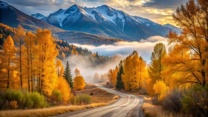 Serene Autumnal Road Winding Through Golden Aspens and Misty Mountain Valley at Sunrise