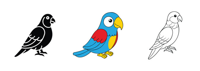 Colorful Parrot Illustrations Black, Blue, Red, Yellow, Outline