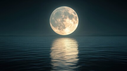 A luminous full moon reflects on calm waters under a dark sky, creating a serene and enchanting nighttime scene.