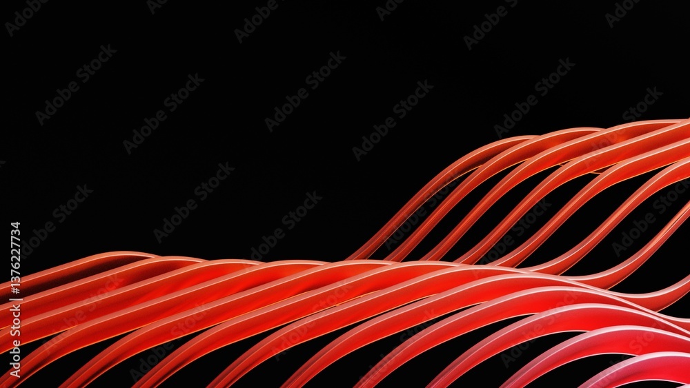 Poster Striking Abstract Design With Curved Red Elements on Dark background, 3d rendering Colorful curve backdrop