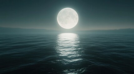 A serene night scene featuring a large full moon reflecting on calm ocean waters under a twilight sky.