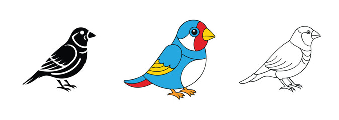 Colorful Bird Illustrations Black, White, and Blue Finch Designs