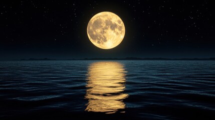 A serene night sky features a bright full moon reflecting on calm ocean waters, surrounded by twinkling stars.