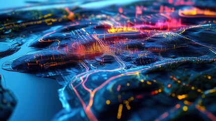 A vibrant, digital landscape features illuminated terrain and waterways, representing advanced technology and data visualization in a 3D format. illustration