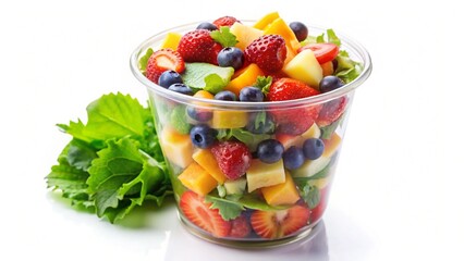 fresh fruit pieces salad in plastic cup on white 
