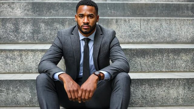 A depressed businessman sitting on stairs, afflicted by stress and overwork.