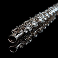 Fototapeta premium A shiny silver flute rests on a reflective surface, showcasing its intricate keys and elegant design against a dark background.