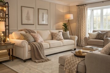 Fototapeta premium A serene living room, bathed in soft natural light, features a plush cream sofa adorned with neutral-toned throw pillows and a cozy textured throw, creating a tranquil and inviting atmosphere.
