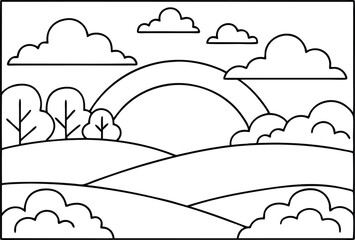 Outline Landscape Design with Hills, Rainbow, Clouds, and Trees in Minimalist Style