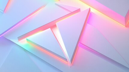 Minimalist Tech Background with Extruded Triangle and Rainbow Illuminated Edge. White Surface with Embossed 3D Shape. 3D Render. illustration