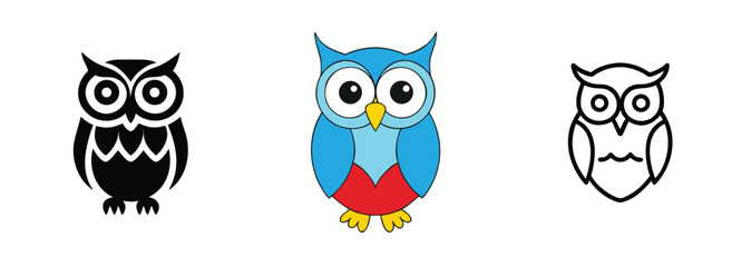 Three Owl Designs Black, Blue, Outline Cute Bird Illustrations