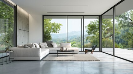 Fototapeta premium Contemporary home design with floor-to-ceiling windows and a garden view