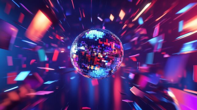 Colorful disco ball reflecting lights during a vibrant dance party at night illustration