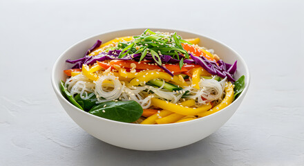 Colorful layered glass noodle salad with crisp vegetables and sesame seeds