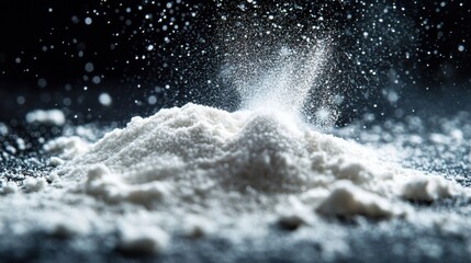A close-up image of white powder being dispersed, creating a dynamic effect with particles illuminated against a dark background.
