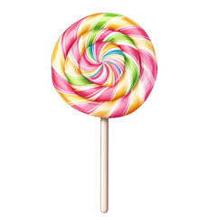 Colorful spiral lollipop on a stick, vibrant candy treat with bright stripes, perfect for celebrations and sweets-themed events. Isolated on white background or PNG
