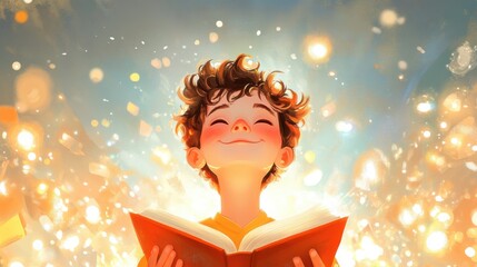 A joyful child holds a book, surrounded by sparkling lights, evoking a sense of wonder and imagination.