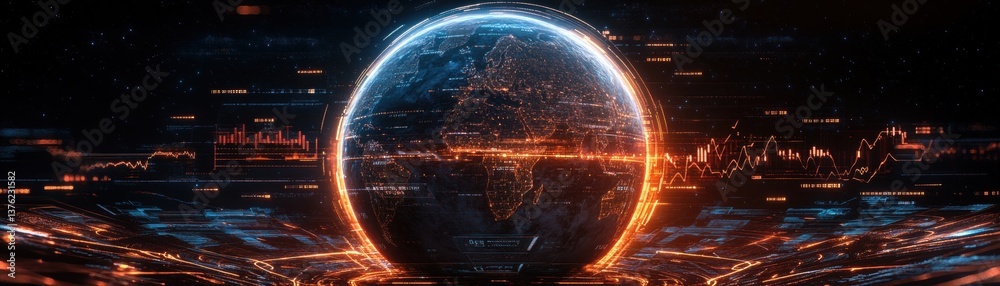 Poster stylized digital rende of earth surrounded by glowing energy in an abstract background of swirling d
