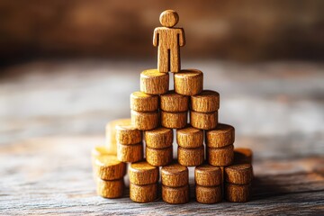 Wooden figure standing on a pyramid of stacked wooden blocks symbolizing success, achievement, growth, and aspiration in a business context, against a blurred background