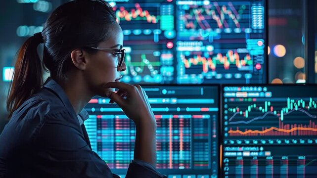 Data analyst reviews metrics and visualizations on large screens for business insights in modern office