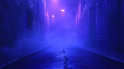 Fototapeta premium A dark empty street, dark blue background, an empty dark scene, neon light, spotlights The asphalt floor and studio room with smoke float up the interior texture. night view Generative AI illustratio