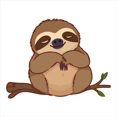 A cartoon illustration of a sloth sitting peacefully on a tree branch.