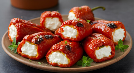 Navarrese piquillo peppers stuffed with goat cheese on rustic earthenware plate